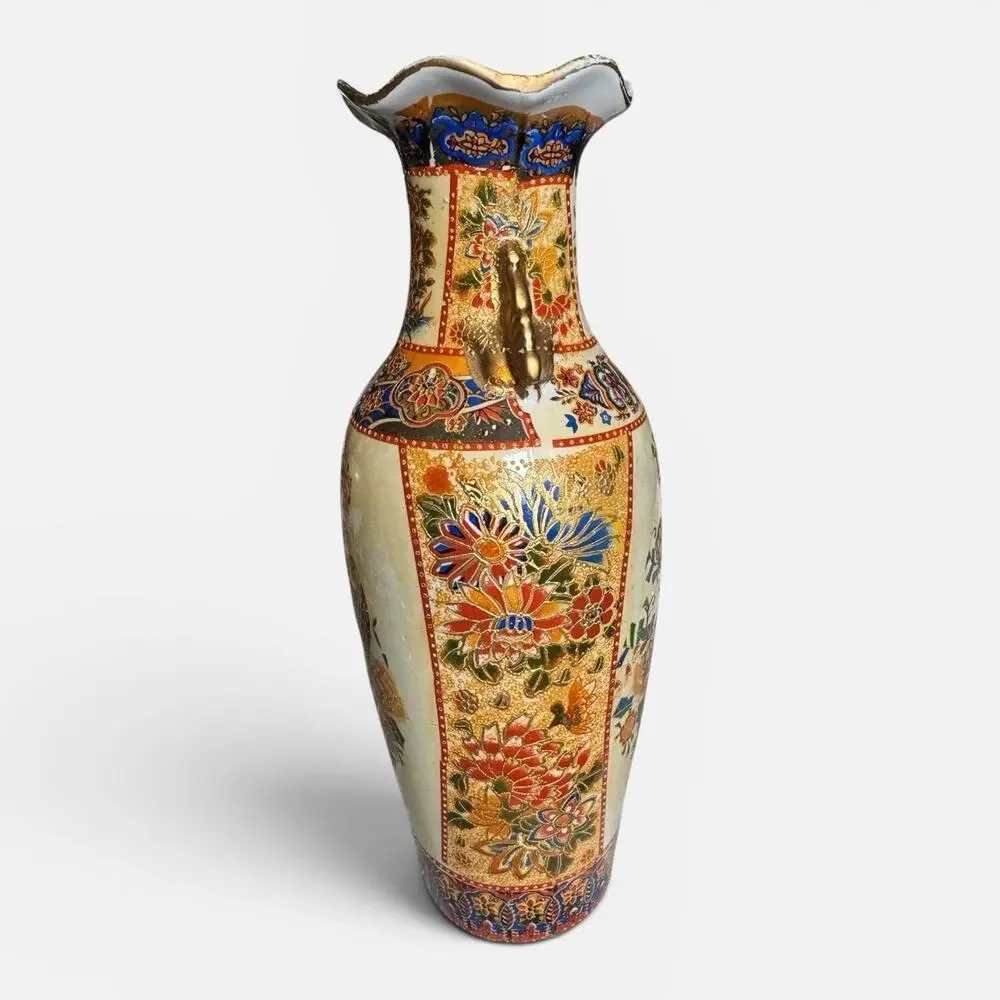 Vintage Ceramic Floral Chinese Vase 10”
